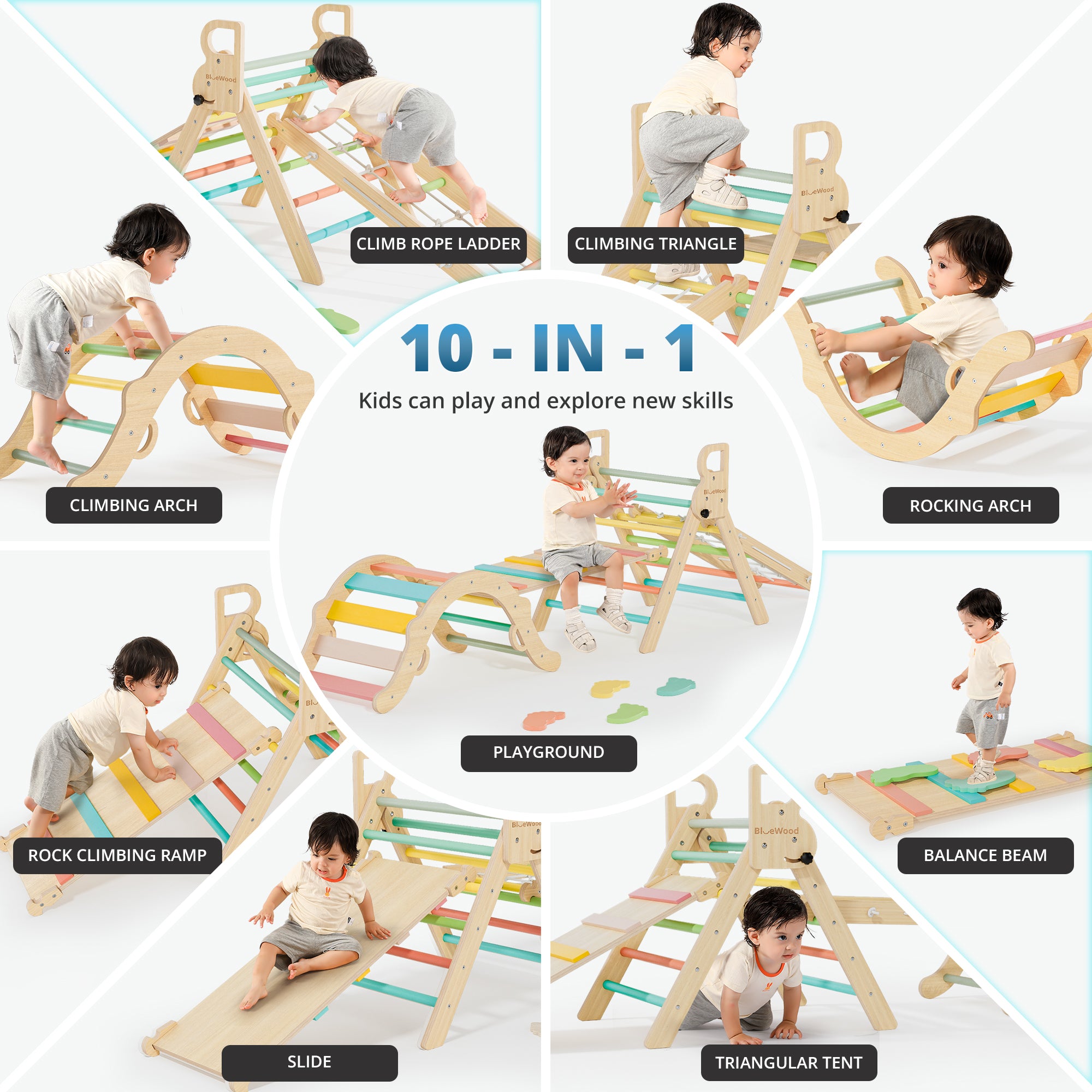 Ramble- Juego triangular Pikler BlueWood® con escalera de cuerda *Pétalos